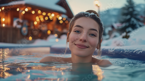 A smiling woman enjoying a hot spa pool during winter with a mountain retreat in the background. Ai generative