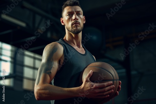 Portrait caucasian basketball player with ball over dark gym background © Tymofii