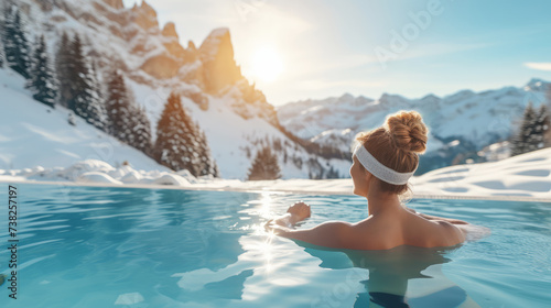 A woman is enjoying a hot bath in a pool with a mountainous winter landscape in the background, steam rising around her. Ai generative
