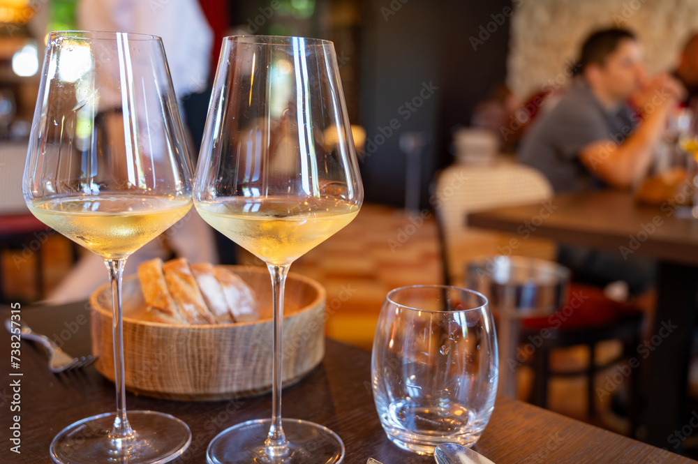 Tasting of Bordeaux white wine in Sauternes, left bank of Gironde Estuary, France. Glasses of white sweet French wine.
