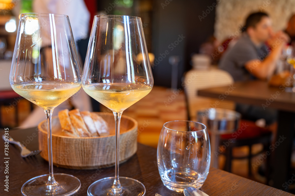 Tasting of Bordeaux white wine in Sauternes, left bank of Gironde Estuary, France. Glasses of white sweet French wine. Tasting of Bordeaux white wine in Sauternes, left bank of Gironde Estuary, France. Glasses of white sweet French wine.
