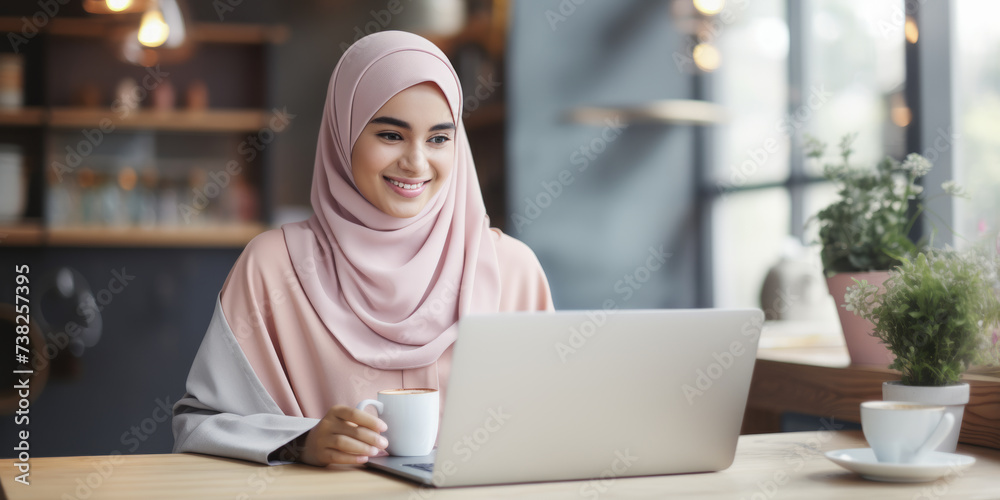 Content muslim woman at laptop in cozy cafe setting. Generative AI