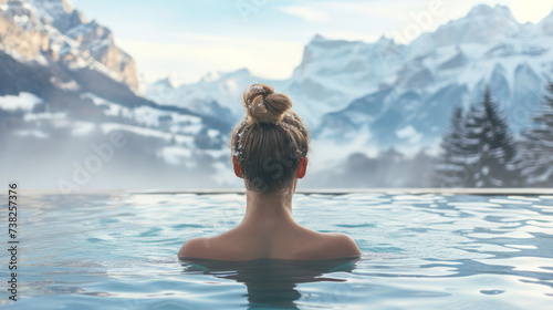 A woman relaxes in a hot pool or spa with a scenic mountain view, embodying a concept of health retreat, vacation, or winter travel. Ai generative