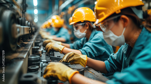 Skilled Workers on an Industrial Assembly Line in a Manufacturing Plant photo