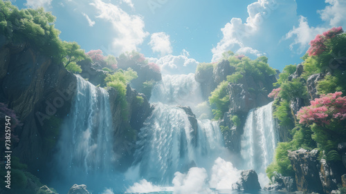 Beautiful waterfalls cascade down rocky cliffs and clouds float into the air,generative ai © LomaPari2021