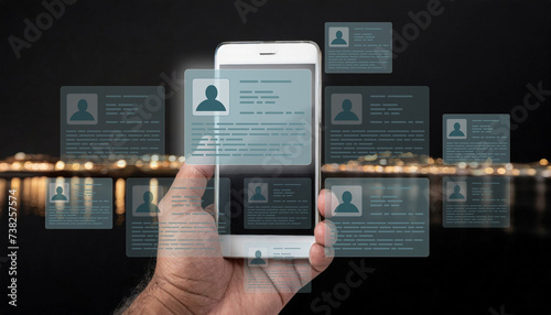 Businessman choose a person among candidates on a virtual phone display. Human resource job concept