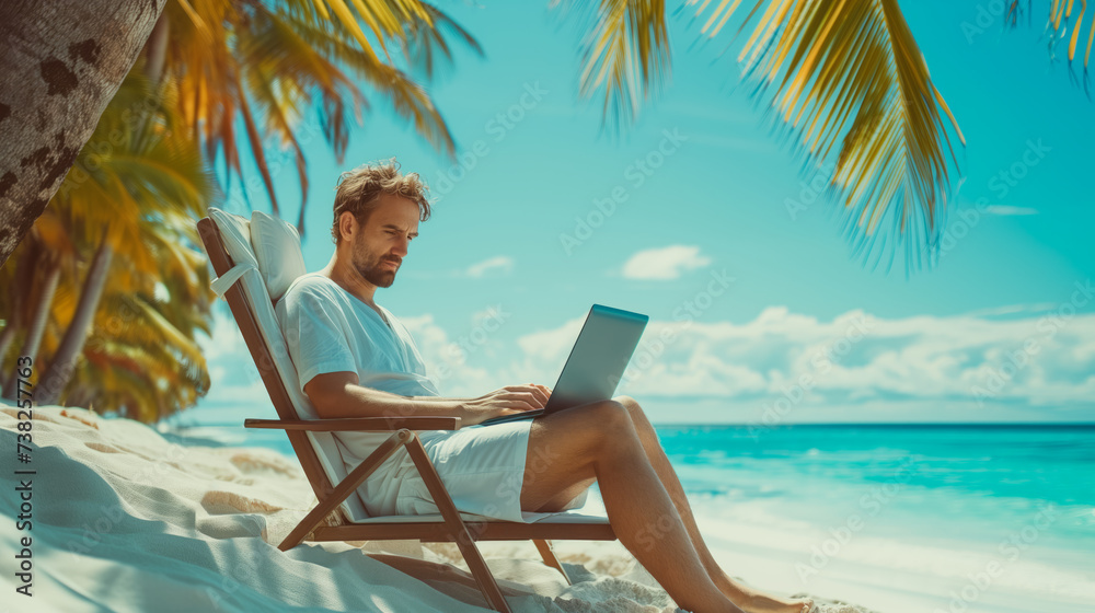 A man working on a laptop while sitting in a beach chair by the ocean, signifying a remote, nomadic lifestyle.  Ai generative - obrazy, fototapety, plakaty 