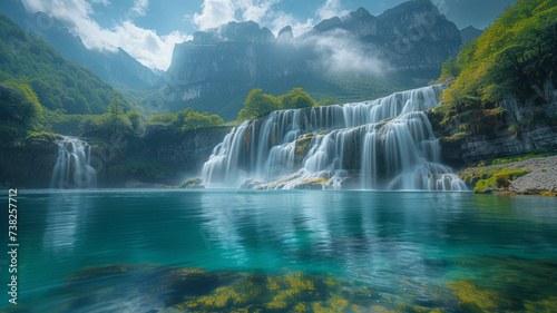 Beautiful waterfalls cascade down rocky cliffs and clouds float into the air,generative ai