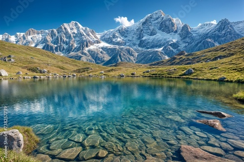 Serene Alpine Lake With Crystal Clear Waters in Front of Snow-Capped Mountains During Daytime