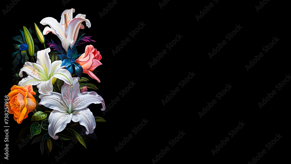 Obraz premium Black wallpaper or banner with a beautiful lily flower arrangement on the left side and a generous amount of space on right side for icons or text.