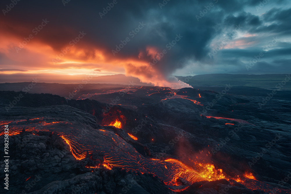 Hot lava erupting from volcano and inescaplably flowing through cold landscape