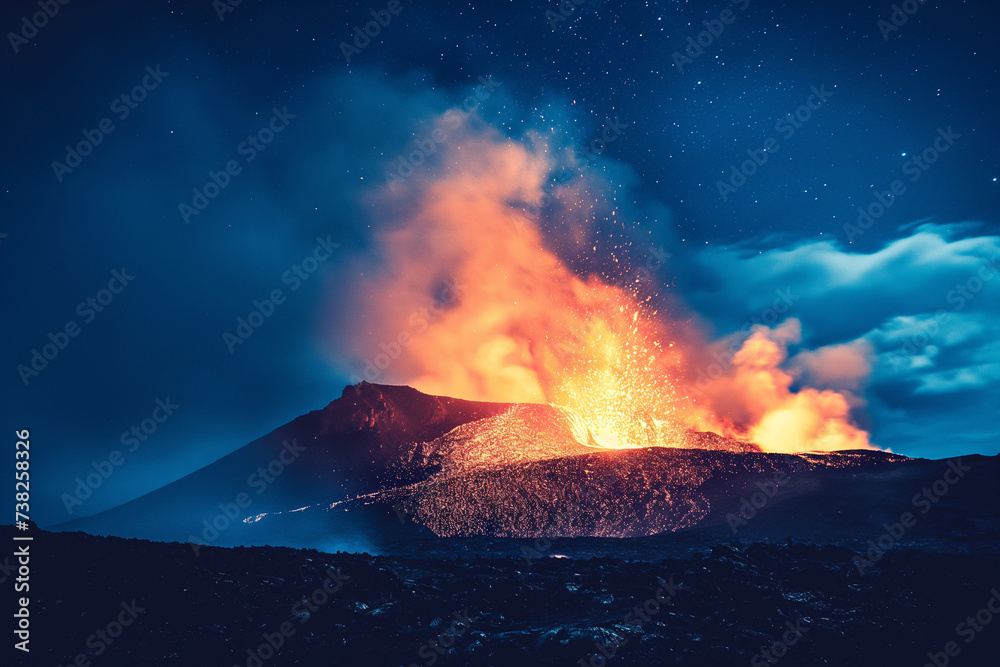 Hot lava erupting from volcano and inescaplably flowing through cold landscape