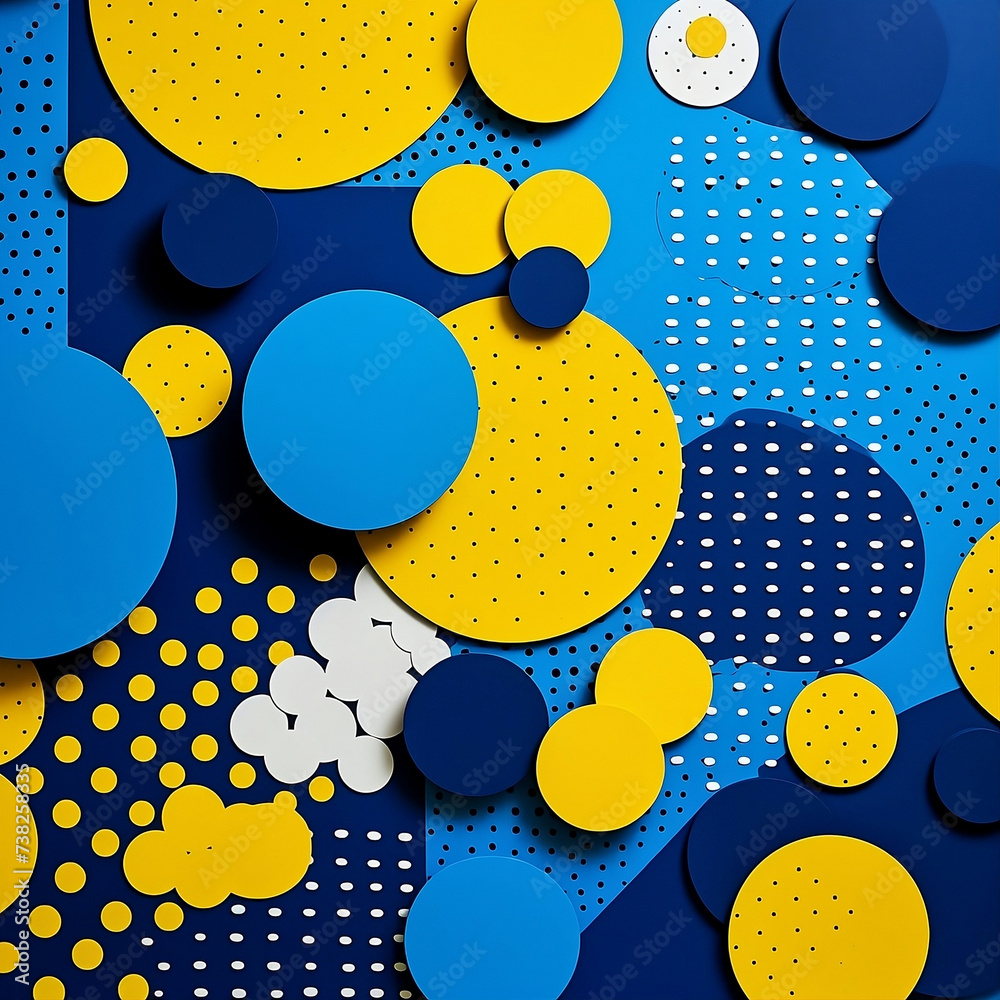 ภาพประกอบสต็อก Blue and yellow pattern with circles and circles, in the ...