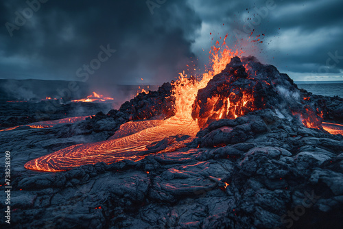 Hot lava erupting from volcano and inescaplably flowing through cold landscape © Vilma