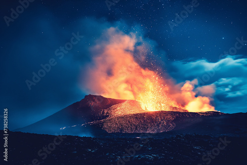 Hot lava erupting from volcano and inescaplably flowing through cold landscape