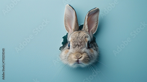 cute Easter bunny looks out of a hole in the pastel blue color background wall. Abstract concept. Square with copy space.