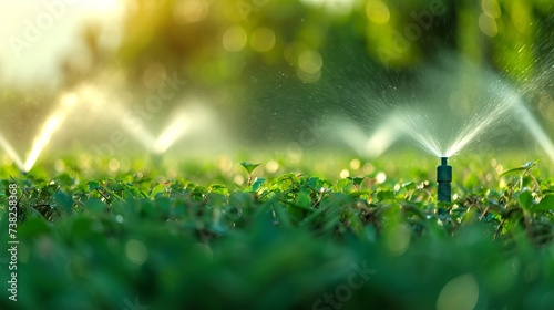 Automated sprinkler system watering lush green lawn and vibrant grass in a garden