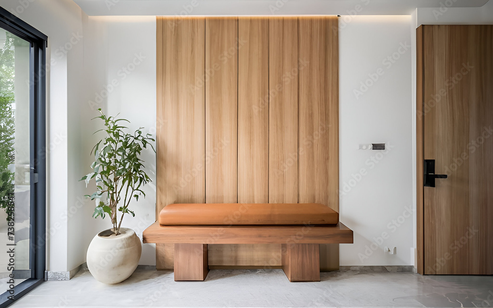 Minimalist style interior design of modern entrance hall with wooden bench.