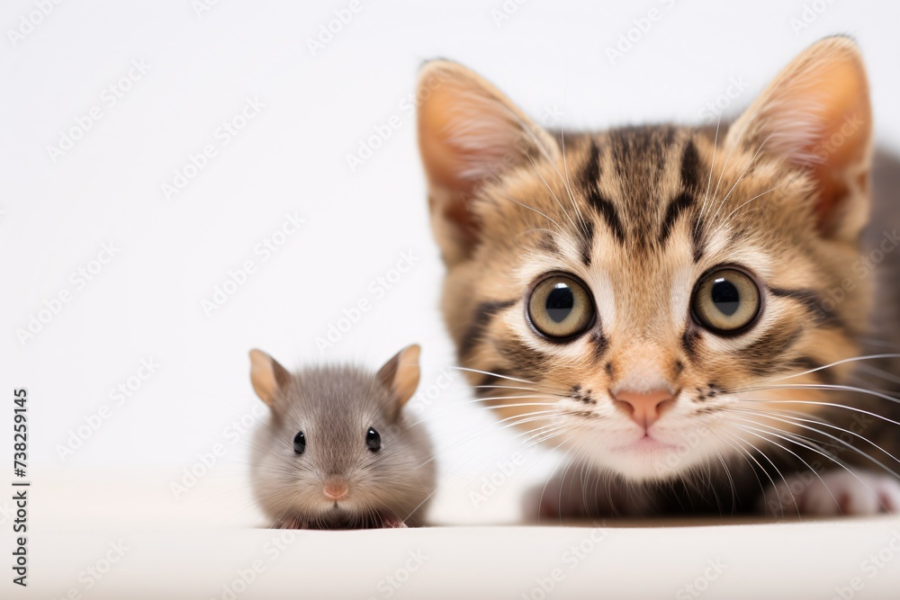 a cat and mouse looking at the camera