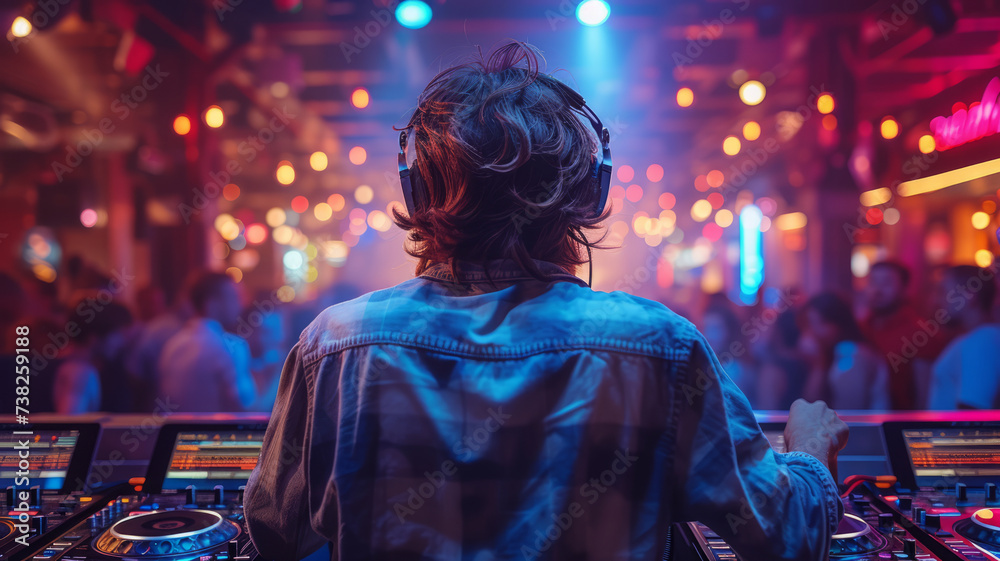 Fototapeta premium a dj view from the back playing on the decks,generative ai
