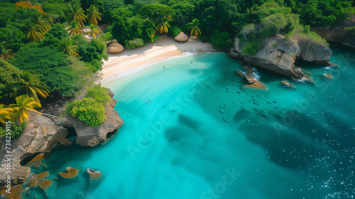 Aerial view of a tropical beach with turquoise water and trees