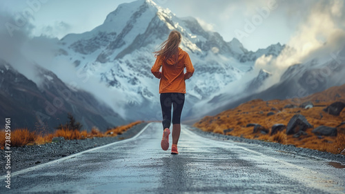 a girl in sportswear runs along a long road among the mountains,generative ai photo