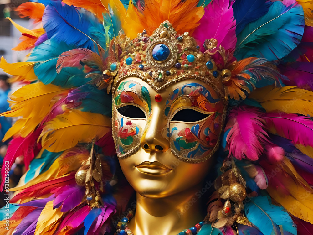 Traditional venetian carnival mask with colorful feathers and beads.