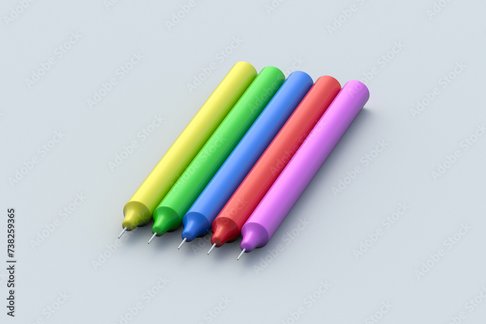 Set of colorful candles on gray background. 3d render
