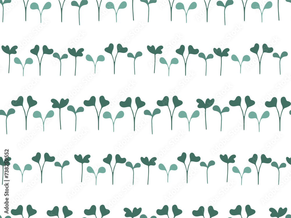 Green Hand drawn growing Sprouts. Raw Fresh Microgreens. Seamless plant pattern. Healthy lifestyle, Vegan organic Natural Food concept. Green eating. Cute flat design illustration