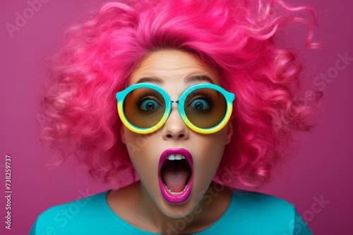 a woman with pink hair and sunglasses