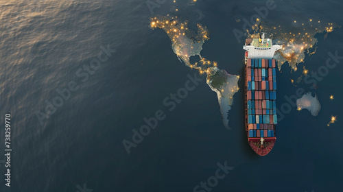 A cargo ship laden with containers traveling across a stylized map of the world