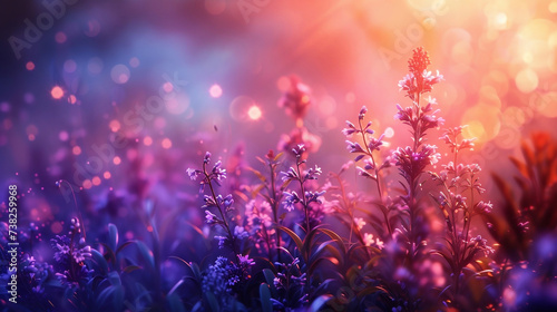 Dreamlike illuminated garden at golden hour with bokeh. Magical peaceful flora with vivid dreamy atmosphere.