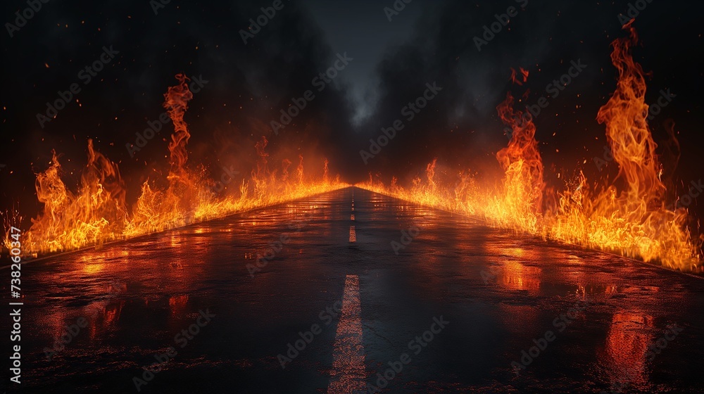 A Long Road Extending Towards the Horizon, with Intense Flames on Both Sides