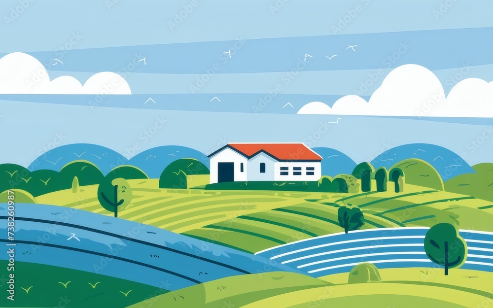Abstract summer card featuring a serene blue sky, lush green fields, and a modern farmhouse. 