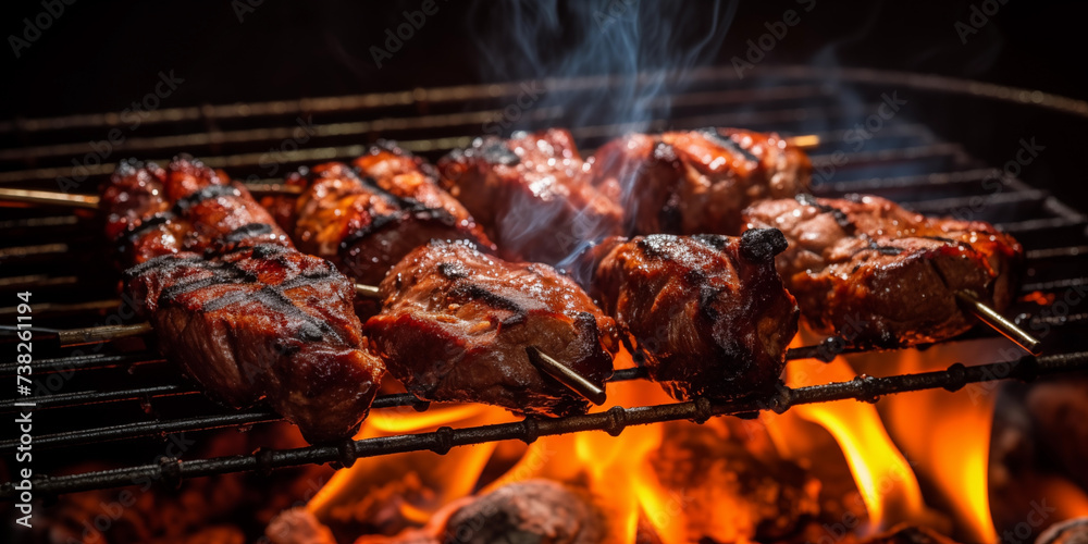 Stick of meat chicken pork bar b q grilled kebab, grilled shish kebab with sizzling skewers, mouthwatering bar b q delight Stick of meat chicken pork bar b q grilled kebab, grilled shish kebab with sizzling skewers, mouthwatering bar b q delight