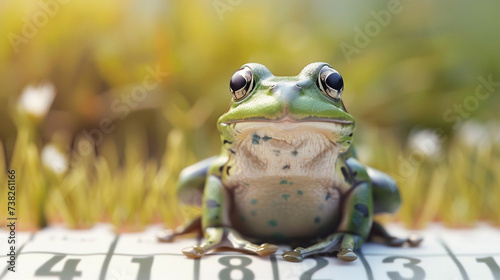 Leaping Frog Celebrates Leap Day on Sunny Calendar Backdrop photo