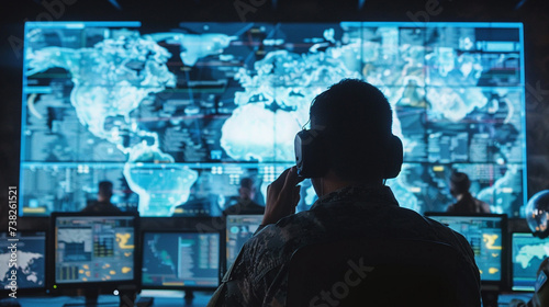 Focused Military Personnel in High-Tech Surveillance Room