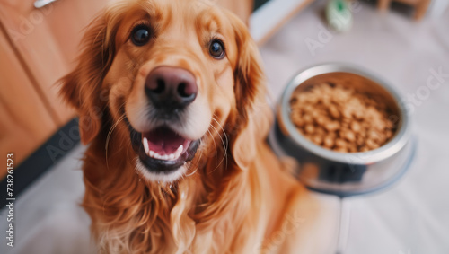 A watchful Golden Retriever looks up eagerly, waiting to eat from a bowl of dog food with a lot of light in the background