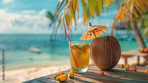 Tropical Cocktail Paradise: A Refreshing Drink Served in a Coconut Bowl on a Sunny Beach with Palm Trees Surrounding