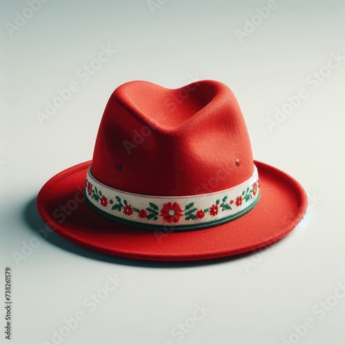 red felt hat with ribbon on white 