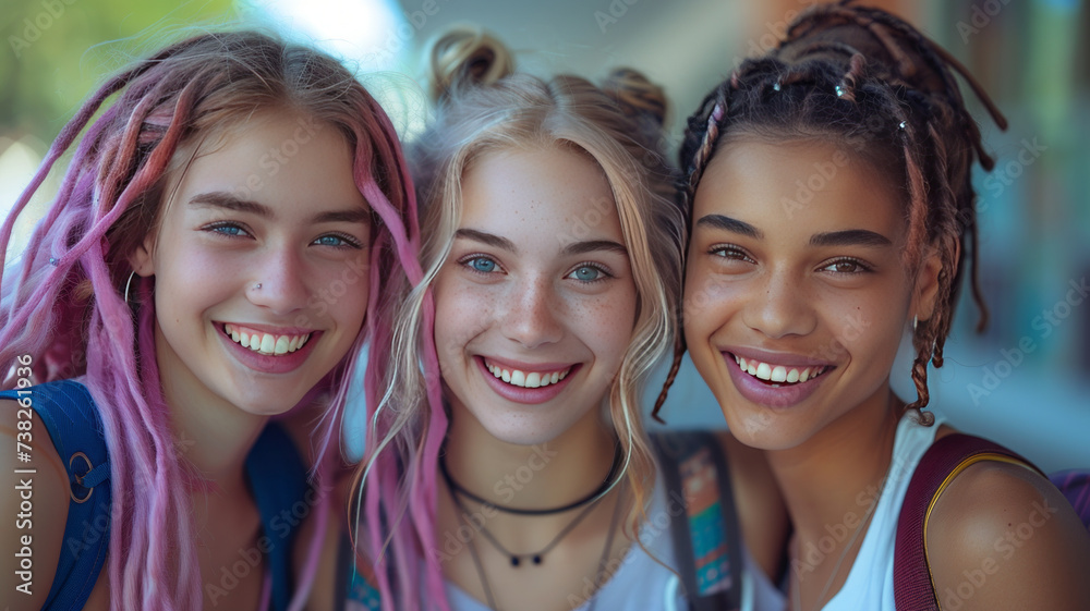 Fototapeta premium multiracial group of three teenage girls with unretouched skin chatting happily sitting on a bench outside the university campus.generative ai
