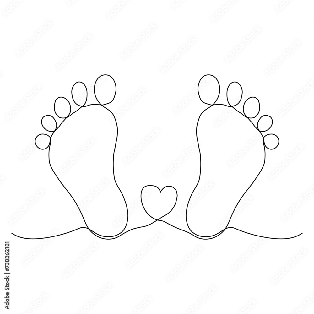 Obraz premium baby legs Baby foot print in one line style. Hand drawing.hand drawn, one line, line art, baby, birth