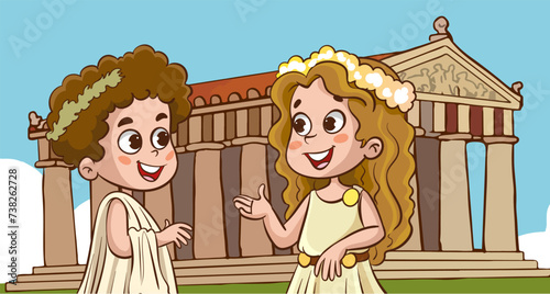 Little children dressed in ancient Greek antique costumes are talking.Happy children wearing Roman, Greek, Roman ancient tunics.