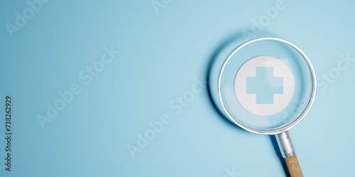Health insurance and medical welfare concept. Plus symbol and healthcare medical icon in a magnifying glass health and access healthcare.
