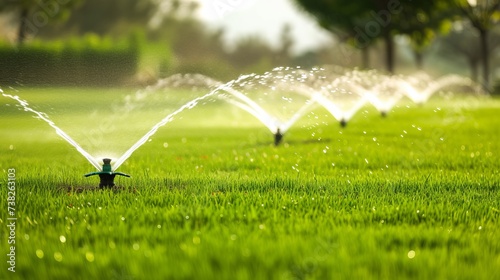 Efficient automatic sprinkler system watering lush green lawn in beautifully landscaped garden photo