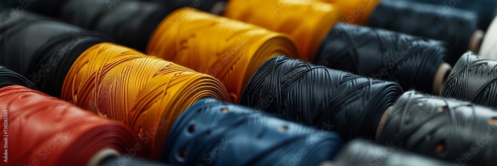 Obraz premium Colorful cotton threads on textile fabric background vibrant tailor s palette of colorful threads