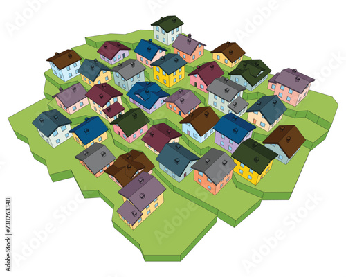 Vector illustration of colorful 3d cottages, aerial perrspective view