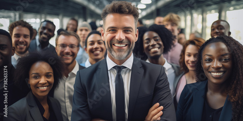 Portrait of a group of business people professionals smiling, a diverse group of business professionals, modern and multi-ethnic, standing together and facing the camera for shot