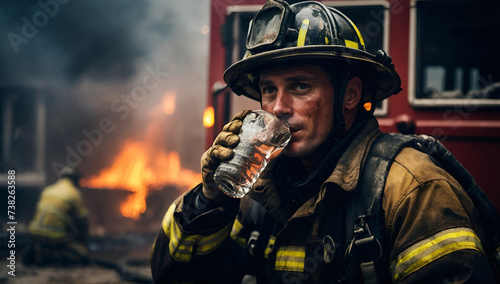 firefighter drinking water after a fire