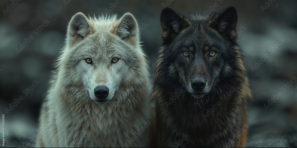 Fototapeta premium Guardians of the Realm: Timber and Arctic Wolves Side by Side